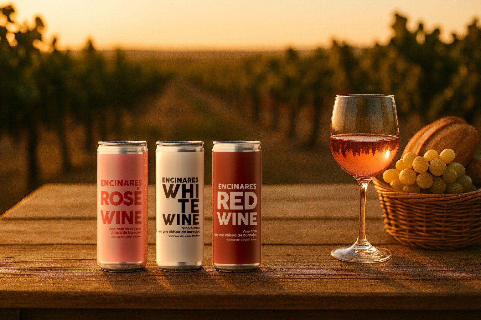 Latas de 25 cl de Encinares rosado, blanco y tinto sobre una mesa de madera en un viñedo al atardecer, junto a una copa de rosado