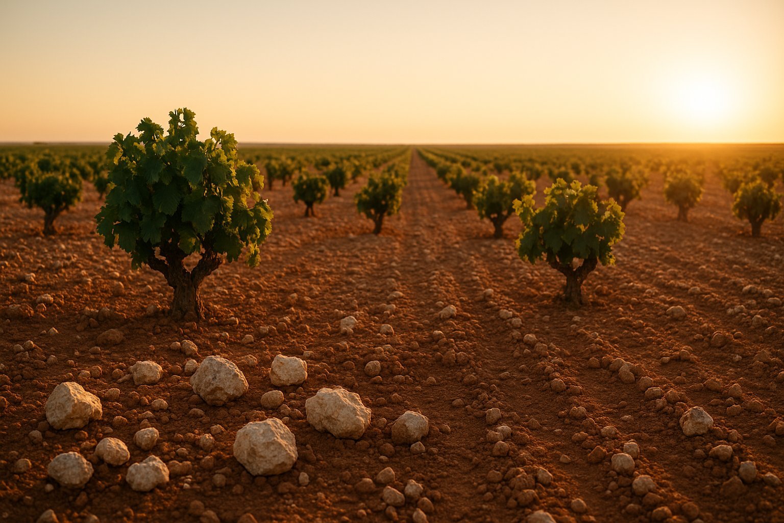 Viñedo en vaso de la llanura de Villarrobledo al atardecer, con suelo pardo rojizo y piedras de caliza entre las cepas