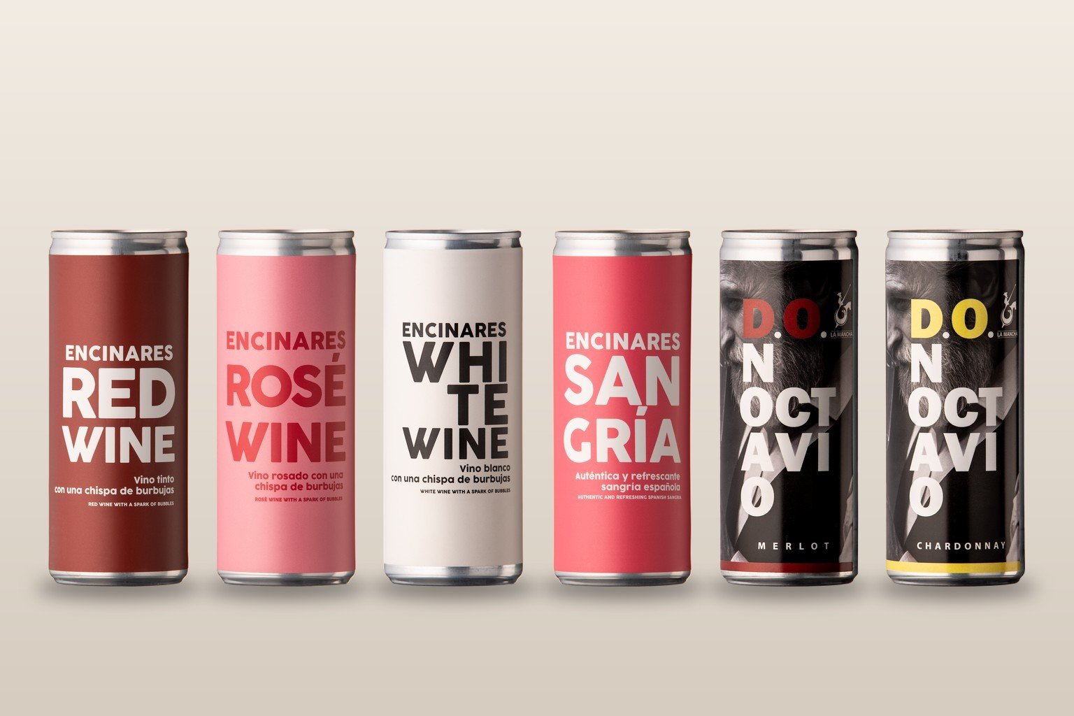 Las seis latas de 25 cl de Bodegas Don Octavio: Encinares tinto, rosado, blanco y sangría, y D.O. Merlot y Chardonnay