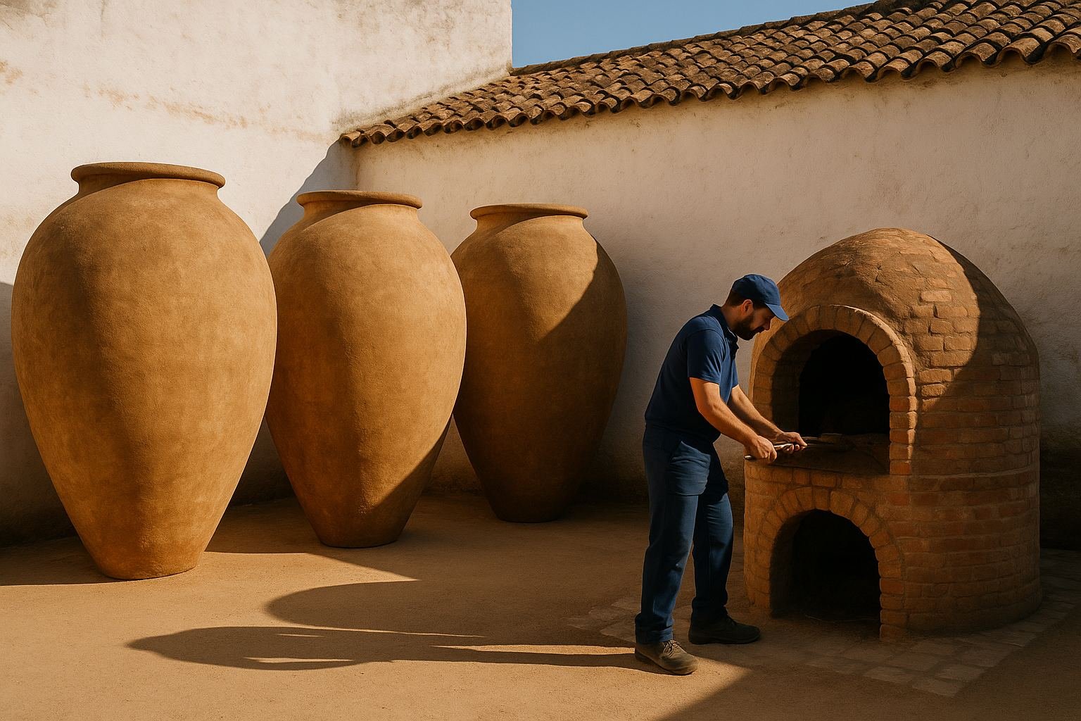 Tinajas de barro de gran tamaño en el patio de un antiguo alfar de Villarrobledo